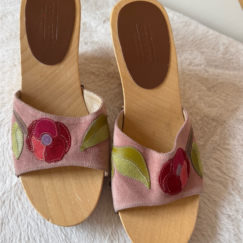 Coach Pink Suede Floral Slide Wedges  with Red Flowers and Green Leaves